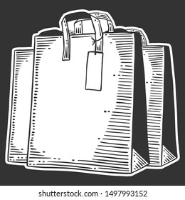 Paper bag for shopping or presents. Vector concept in doodle and sketch style. Hand drawn illustration for printing on T-shirts, postcards. Icon and logo idea.