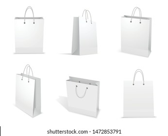 Bolsa de papel para el juego de compras, compra de plantillas de paquetes. Embalaje para el cliente, burla. Ilustración de la bolsa de compra del vector sobre fondo blanco