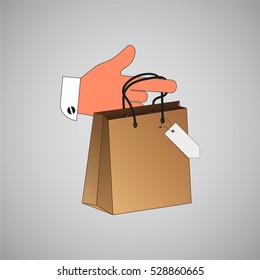 Paper bag, shopping bag with tag in his hand. Isolation on a gray background. Vector illustration.