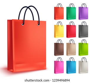 Paper bag for shopping vector set. Empty shopping bags collection in orange and other colors isolated in white for fashion and market design elements. Vector illustration.
