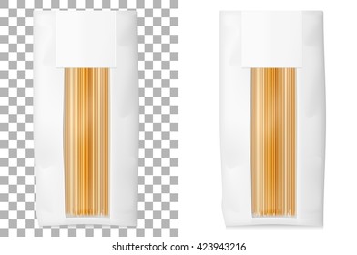 Paper bag for spaghetti, macaroni, pasta. Vector white soft packing.