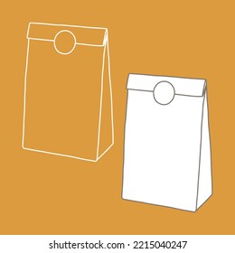 Paper bag with sticker for takeaway isolated on background. Packaging template mock up. Delivery service concept. Copy space. Linear, vector, realistic, outline illustration.