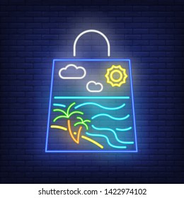 Paper bag with summer neon sign. Summer, shopping, sale. Summer shopping concept. Vector illustration in neon style for advertising, summer sale, market