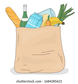 Paper bag from the supermarket with food. Grocery, fruit, vegetables and a place for your text. Colorful vector illustration on a white background. Hand-drawn.