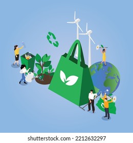 Paper bag surrounded by people, plants, windmill, metaphor of ecological lifestyle isometric 3d vector illustration concept for banner, website, illustration, landing page, flyer, etc.