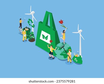 Paper bag surrounded by people, plants, windmill, metaphor of ecological lifestyle isometric 3d vector illustration concept for banner, website, illustration, landing page, flyer, etc