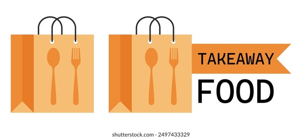 Paper bag with takeaway food. Fork and spoon. Delivery of ready meals, menu, restaurant, cafe, online shopping, supermarket, courier, grocery store, drink, beverage, dessert. Vector illustration