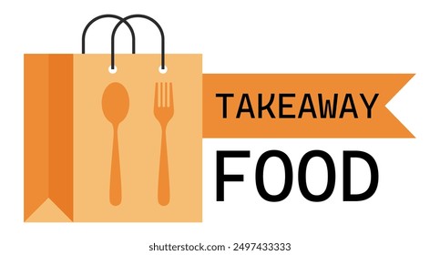 Paper bag with takeaway food. Fork and spoon. Delivery of ready meals, menu, restaurant, cafe, online shopping, supermarket, courier, grocery store, drink, beverage, dessert. Vector illustration