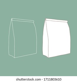 Paper bag for takeaway isolated on background. Packaging template mock up. Delivery service concept. Copy space. Linear, vector, realistic, outline illustration.