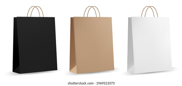 Paper bag template. Brown realistic paper bag. Front and side view of retail purchase packaging - blank mockup with empty space and rope handle.