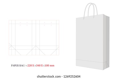 Paper Bag Template, Shopping Bag, Vector with die cut / laser cut layers. 220 x 340 x 100, Packaging Design.  White, clear, blank, isolated Paper Bag mock up on white background, perspective view, 3D