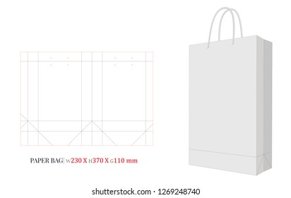 Paper Bag Template, Vector with die cut / laser cut layers. Shopping Bag, 230 x 370 x 110, Packaging Design. White, clear, blank, isolated Bag mock up on white background with perspective view, 3D