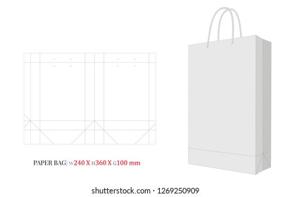 Paper Bag Template, Vector with die cut / laser cut layers. Illustration, Shopping Bag, 240 x 360 x 100, Packaging Design. White, clear, blank, isolated Paper Bag mock up on white background, 3D 