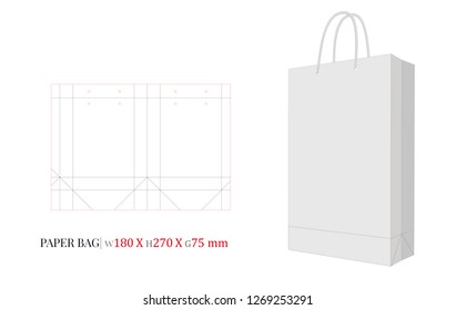 Paper Bag Template, Vector with die cut / laser cut layers. Shopping Bag, 180 x 270 x 75, Packaging Design.  White, clear, blank, isolated Paper Bag mock up on white background, 3D presentation