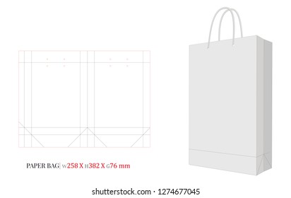 Paper Bag Template, Vector with die cut layers. Shopping Bag, 382 x 258 x 75, Packaging Design. White, clear, blank, isolated Paper Bag mock up on white background with perspective view, 3D 