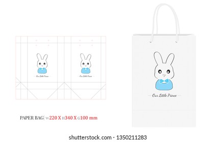 PAPER BAG Template. Vector with die cut / laser cut lines. Happy Birthday Boy 220 X 340 X 100 mm, Our Little Prince wording, Cute Little Rabbit Cartoon Illustration. Packaging design