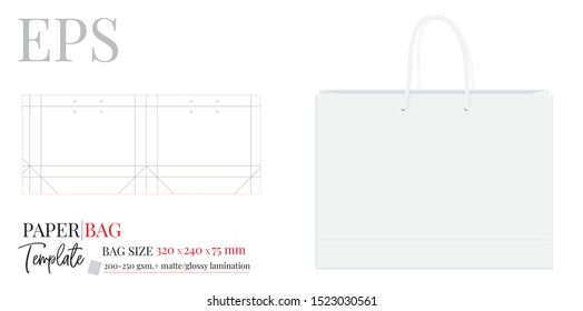 Paper Bag Template, Vector With Die Cut / Laser Cut Layers. Shopping Bag, 320 X 240 X 75, Packaging Design.  White, Clear, Blank, Isolated Paper Bag Mock Up On White Background