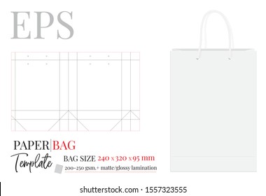 Paper Bag Template, Vector with die cut / laser cut layers. Illustration, Shopping Bag, 240 x 320 x 95, Packaging Design. White, clear, blank, isolated Paper Bag mock up on white background