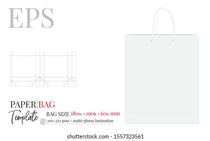 Paper Bag Template, Vector with die cut / laser cut layers. Illustration, Shopping Bag, 180 x 190 x 60, Packaging Design. White, clear, blank, isolated Paper Bag mock up on white background