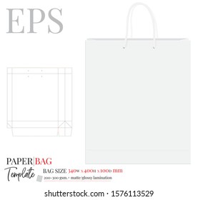 Paper Bag Template, Vector with die cut / laser cut layers. Shopping Bag, 340 x 400 x 100, Packaging Design.  White, clear, blank, isolated Paper Bag mock up on white background