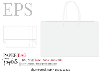 Paper Bag Template, Vector with die cut / laser cut layers. Shopping Bag, 200 x 340 x 100, Packaging Design.  White, clear, blank, isolated Paper Bag mock up on white background