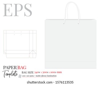 Paper Bag Template, Vector with die cut / laser cut layers. Shopping Bag, 340 x 300 x 100, Packaging Design.  White, clear, blank, isolated Paper Bag mock up on white background