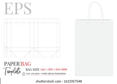 Paper Bag Template, Vector with die cut / laser cut layers. Illustration, Shopping Bag, 360 x 240 x 100, Packaging Design. White, clear, blank, isolated Paper Bag mock up on white background