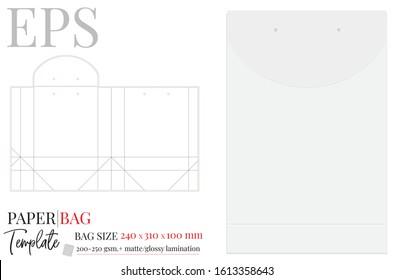 Paper Bag Template, Vector with die cut / laser cut layers. Illustration, Shopping Bag, 360 x 240 x 100, Packaging Design. White, clear, blank, isolated Paper Bag mock up on white background