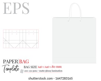 Plantilla de bolsa de papel, Vector con capas de corte láser de corte por muelles. Bolsa de compras, 140 x 140 x 80, Diseño de embalaje. 