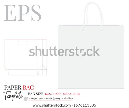 Paper Bag Template, Vector with die cut / laser cut layers. Shopping Bag, 340 x 300 x 100, Packaging Design.  White, clear, blank, isolated Paper Bag mock up on white background