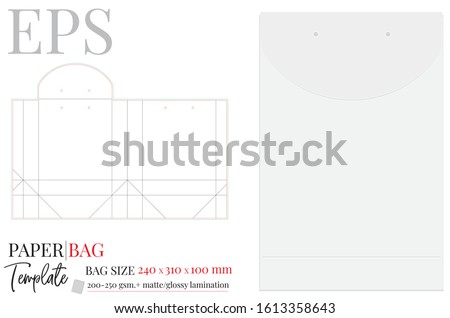 Paper Bag Template, Vector with die cut / laser cut layers. Illustration, Shopping Bag, 360 x 240 x 100, Packaging Design. White, clear, blank, isolated Paper Bag mock up on white background
