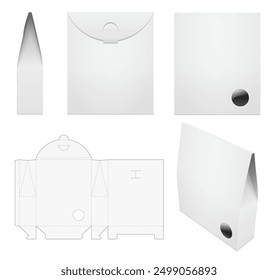 Paper bag with transparent window for coffee, tea or dry food mixes. Set of various projections with die cut template. Vector realistic packaging mockup isolated on white background.