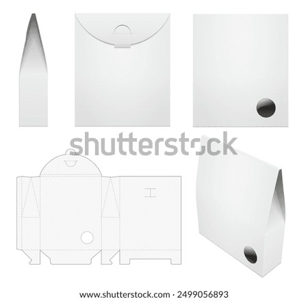 Paper bag with transparent window for coffee, tea or dry food mixes. Set of various projections with die cut template. Vector realistic packaging mockup isolated on white background.