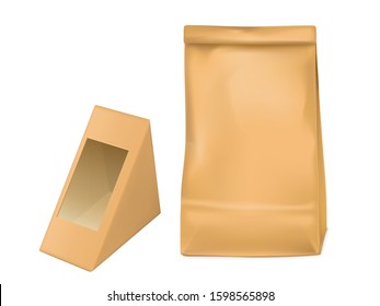 Paper bag and triangle packaging box for sandwich with transparent plastic film window. Vector mockup with realistic blank brown cardboard pack for takeaway lunch, snack isolated on white background