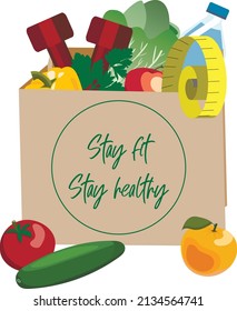 Paper bag with various vegetables, water bottle, dumbbells and measuring tape. Isolated on white background