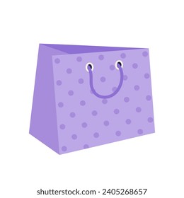 Icono vector de bolsa de papel. Paquete vacío brillante para un regalo, sorpresa, compras. Paquetes morados con puntos de polka, con mangos. Ilustración dibujada a mano aislada en blanco. Recorte plano de caricatura para impresión, web