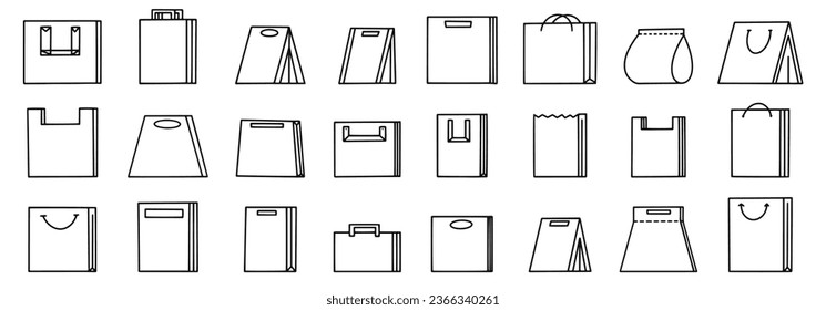 Paper bag vector icon set, line design. Shopping bag related line icon set. Paper market bag linear icons. Grocery bag outline vector signs and symbols collection.