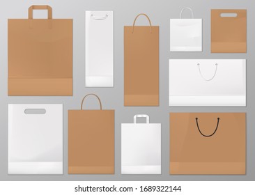 Paper bag vector mockups of blank white and brown shopping and gift packages. Realistic craft paper and cardboard bags with silk, cord and rope handles. Shop and supermarket packets, retail packaging