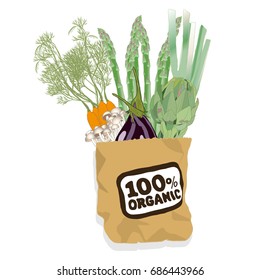 Paper Bag with vegetables. Fresh healthy vegetables in a paper bag.