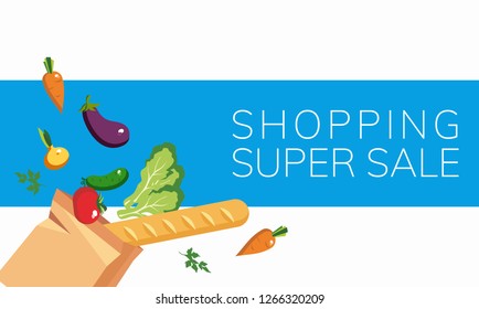 Paper bag with vegetables and loaf, on a white background. Place for inscription. For your design.