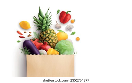 Paper bag vegetables realistic composition with front view of ripe fruits and vegetables on blank background vector illustration