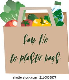 Bolsa de papel con verduras. Texto Di no a las bolsas de plástico