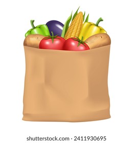 Paper bag with vegetables. Vector realistic 3D illustration isolated on white background.