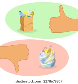 Paper bag vs plastic bag vector illustration. Hand with thumb up recommending paper packages for grocery products rather than plastic. Sustainability, recycling, upcycling, ecology concept