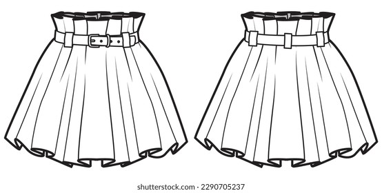 Paper bag waist Pleated Skirt flat sketch fashion illustration drawing with front and back view, Belted pleated Mini skater skirt design cad vector template