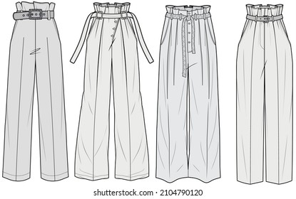 Paper Bag Waist Wide Leg Formal Pant. Fashion Illustration, Vector, CAD, Technical Drawing, Flat Sketch.