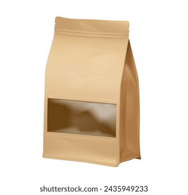 Paper bag with window and zip lock realistic vector illustration. Craft packet. Food products reusable package 3d object on white background