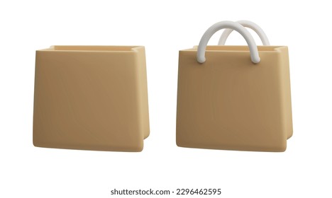 Paper bag with and without handles in cute 3d style, vector illustration isolated on white background. Concepts of shopping, food and grocery store.