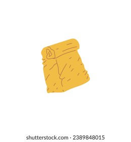 Paper bag, zero waste symbol, vector illustration isolated on white background. Simple packaging for food or lunch to go. Icon in the form of a crumpled yellow twisted paper bag. Cute cartoon style