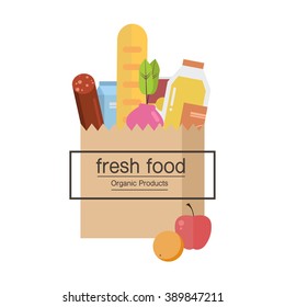 Paper Bag,package With Food And Drink Products .Vegetables, Bread,milk ,sausage, Dairy Products.Flat Design Colored Vector Illustration